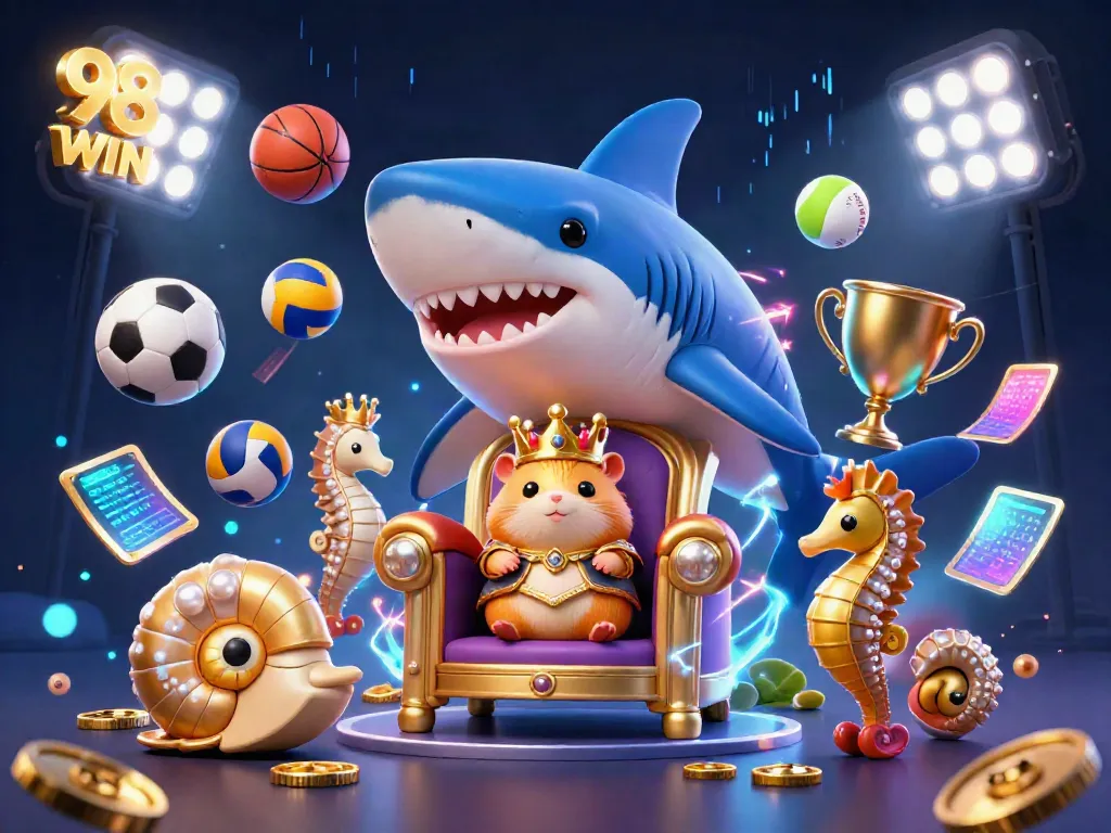 Engage in thrilling gameplay with 98 WIN, featuring a golden hamster king amidst dynamic sports elements.
