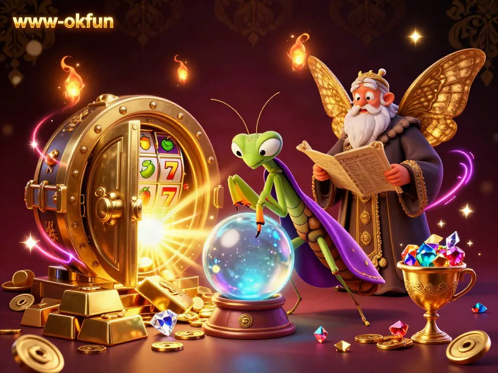 Experience thrilling jackpots and excitement at www-okfun with vibrant casino game elements like slot reels and golden treasures.