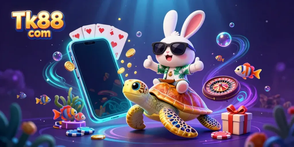 Engage with Tk88 com's vibrant casino experience featuring a lucky rabbit and golden turtle in this underwater illustration.
