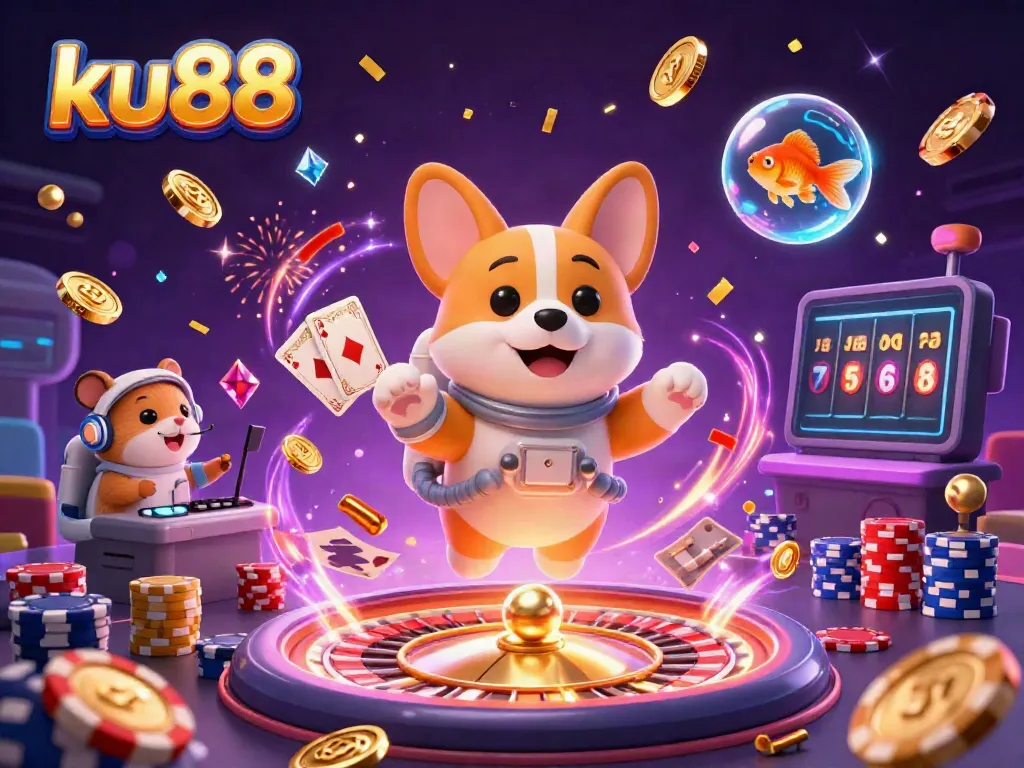 Experience thrilling gaming adventures at ku88 with a floating corgi amid coins, poker chips, and casino games.