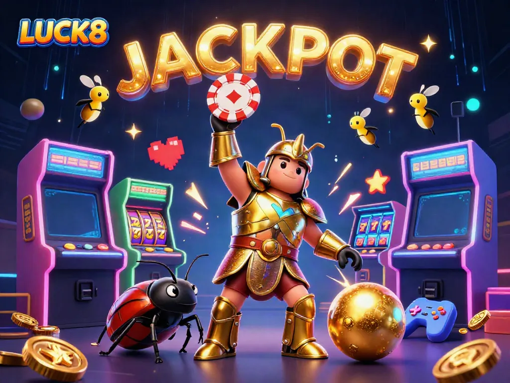 LUCK8 illustration of a victorious beetle lifting a poker chip amidst dynamic gaming elements.