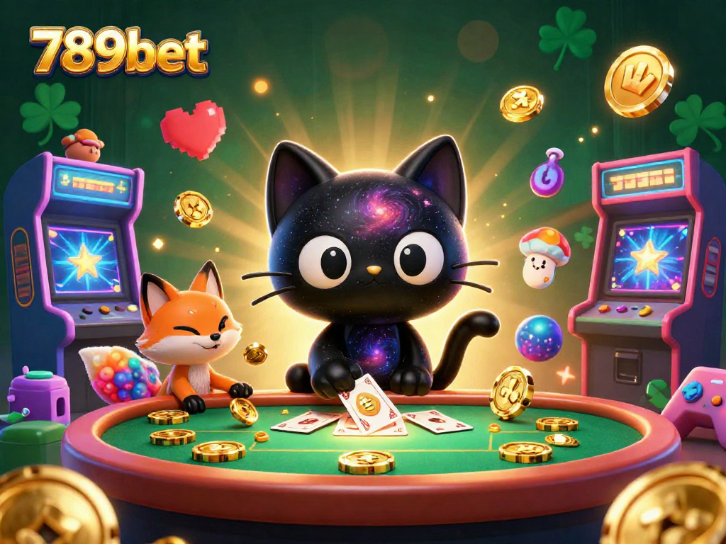 Engage with 789bet through this vivid 3D casino scene featuring a cosmic cat spinning golden chips.