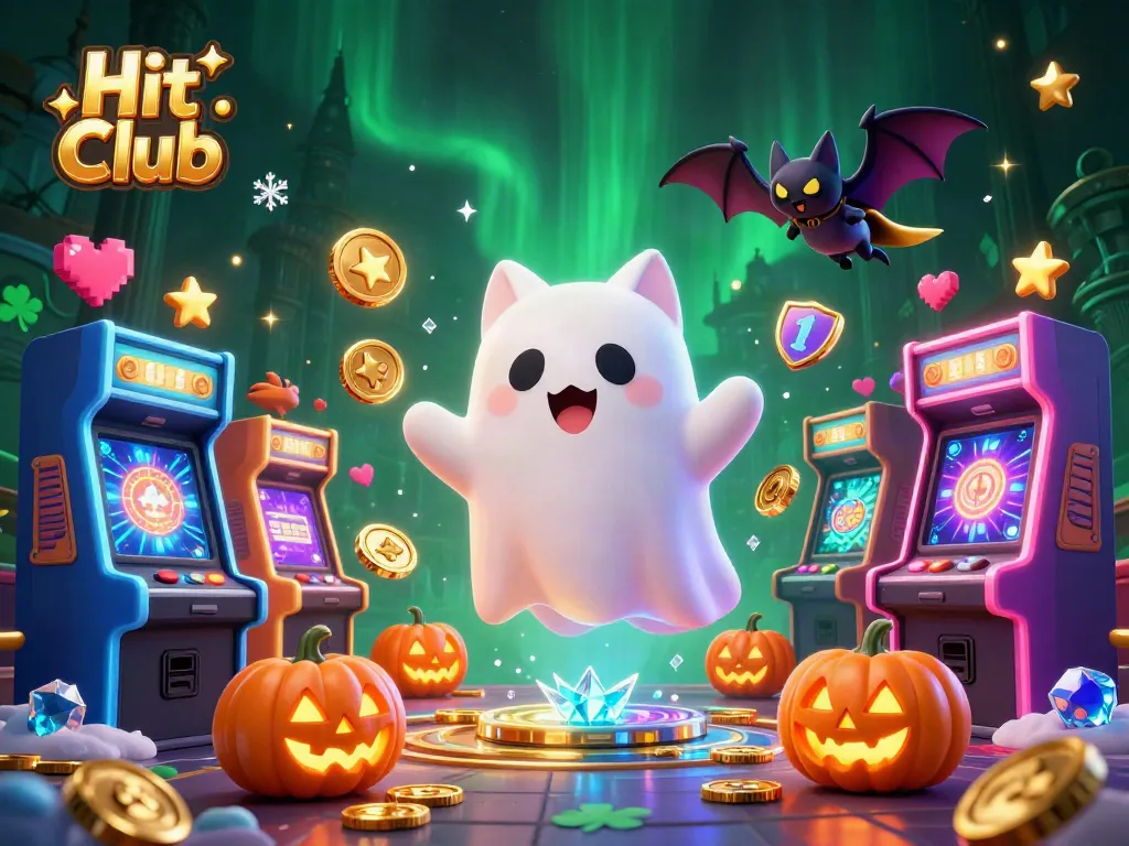 Engaging illustration showcasing Hit Club, a ghost cat and bat in a haunted casino, featuring dynamic gaming elements.