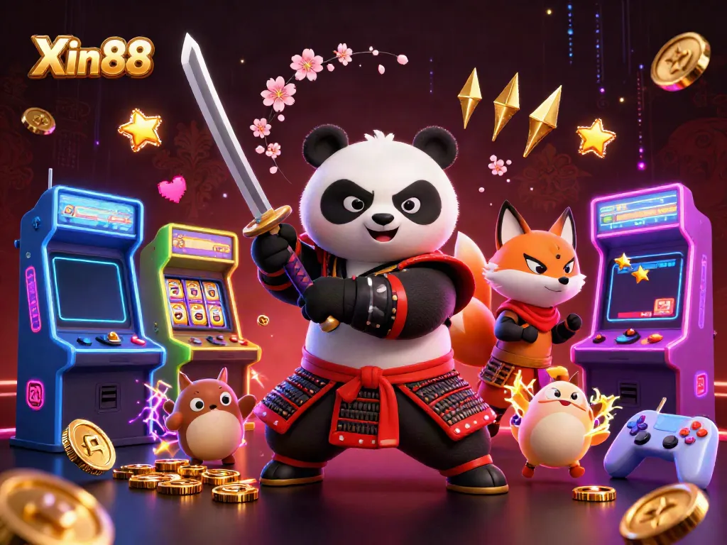 Experience thrilling action at Xin88 with engaging casino elements like samurai panda and slot machines.