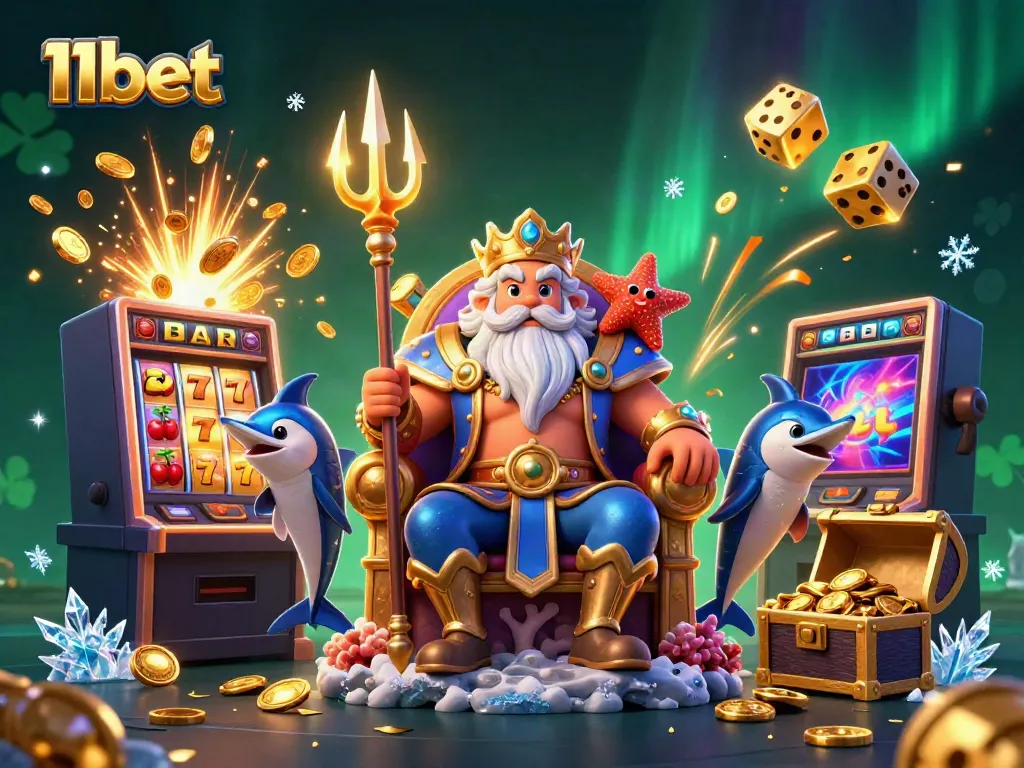Experience the excitement of 11bet with a vibrant 3D illustration of Neptune surrounded by casino elements and jackpot excitement.