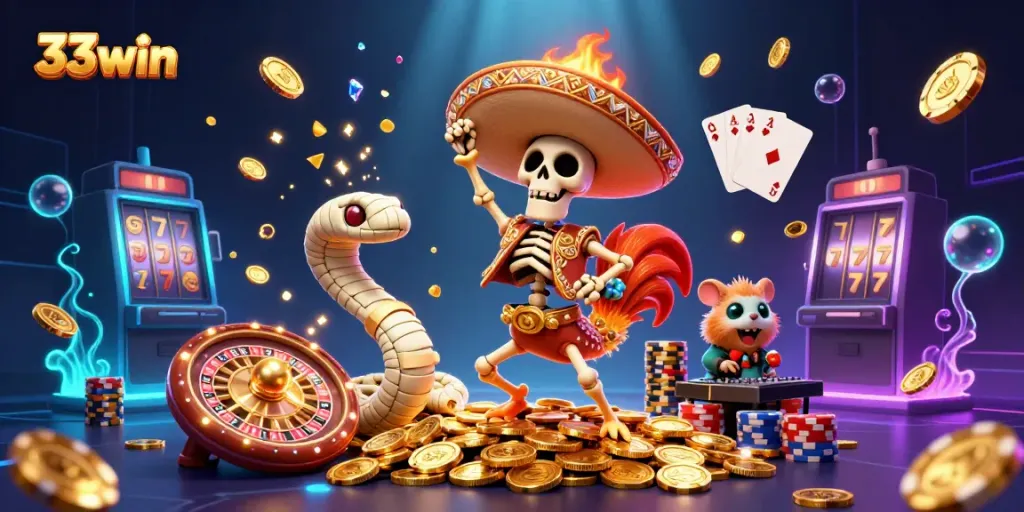 Win big with 33win as a skeleton mariachi celebrates on golden coins in a vibrant casino scene.