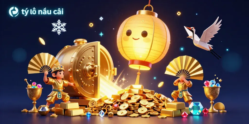 Engage with tỷ lệ nhà cái in a vibrant casino scene featuring golden lanterns and treasure.