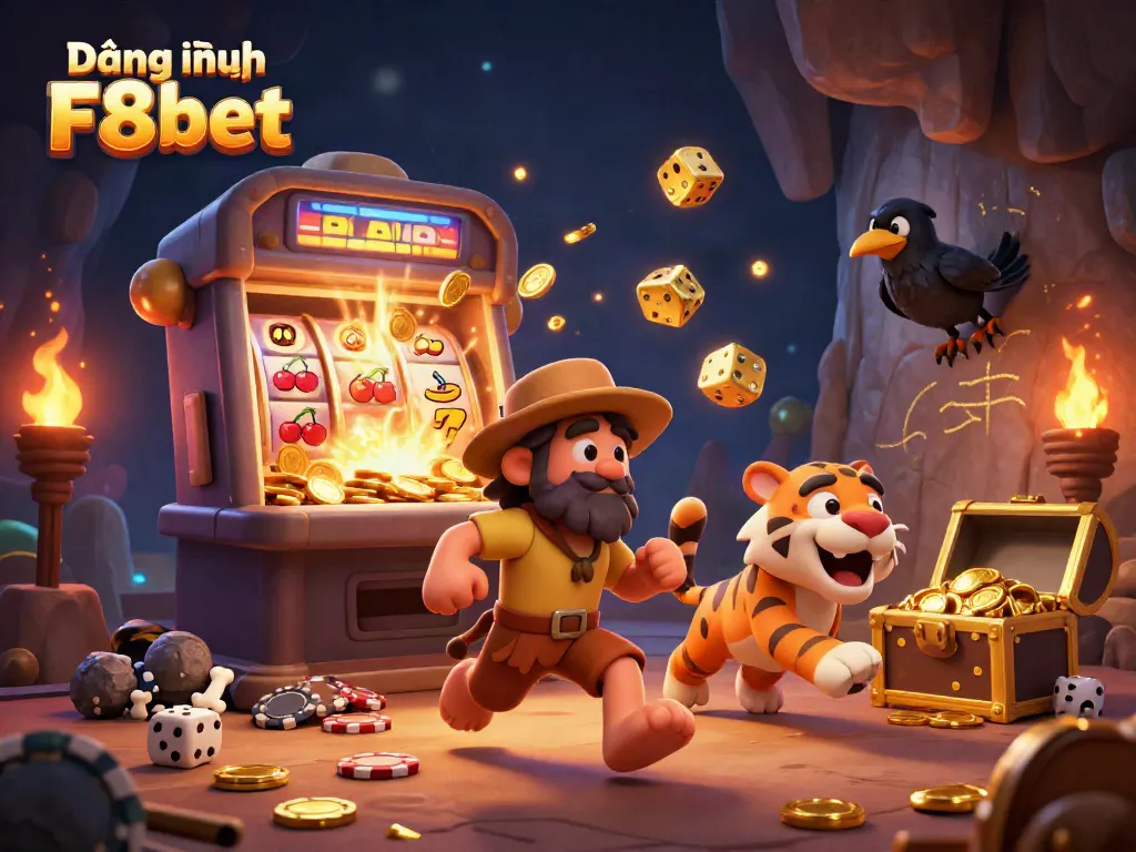 Engage with Đăng nhập F8bet featuring a lively 3D casino scene with characters and dynamic gambling elements.