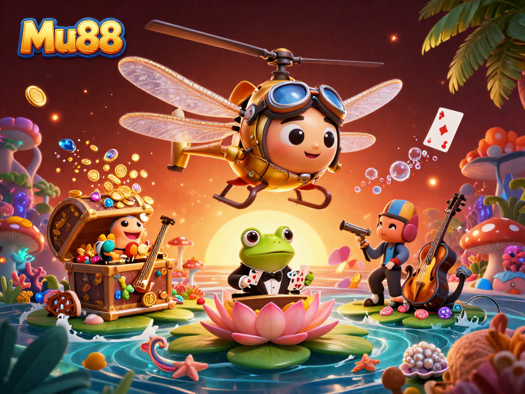 Join the thrilling world of Mu88 in this vibrant, immersive casino scene featuring card dealers, musicians, and playful characters.