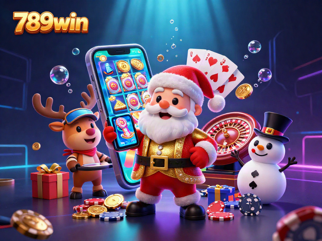 Play slots and win big with 789win featuring Santa, his reindeer, and a poker chip snowman!