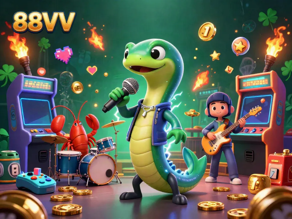 Experience thrilling games at 88VV with an electric eel DJ, vibrant arcade elements, and underwater casino vibes.