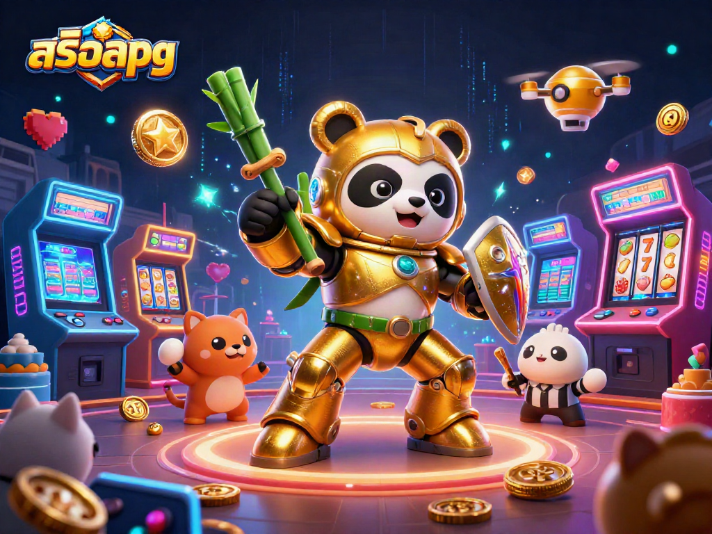 Engage in thrilling สล็อตpg action with a golden panda in a vibrant casino arena.
