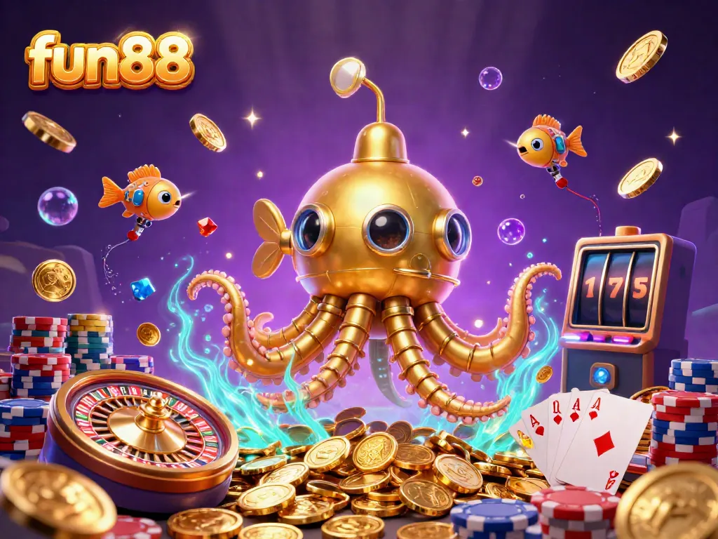Experience fun88's exciting gaming adventure with a golden kraken submarine amidst slots and casino elements.