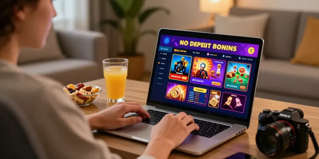 Player engaging with a casino bonus sans depot on a laptop in a cozy setting.