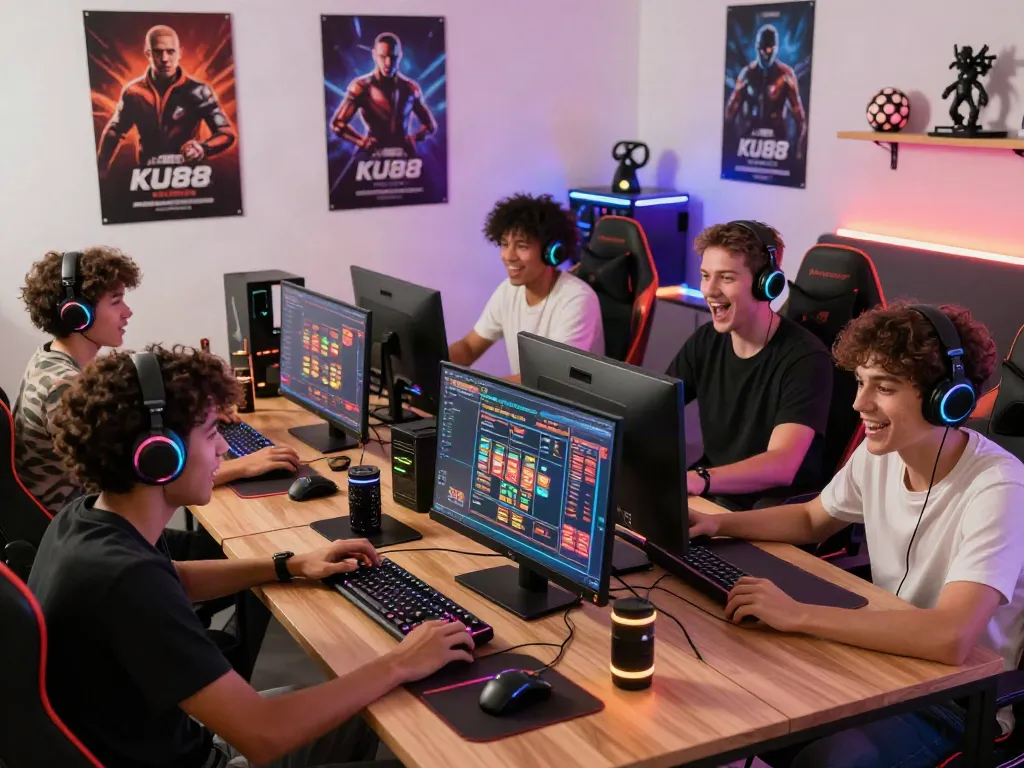 Friends excitedly gaming on KU88 with colorful LED peripherals in a cozy setup.