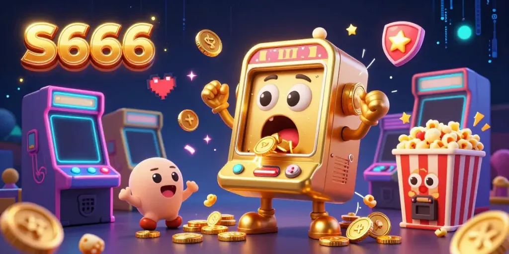 S666 slot machine celebrates hitting a jackpot, surrounded by cheering smaller machines and gold coins.