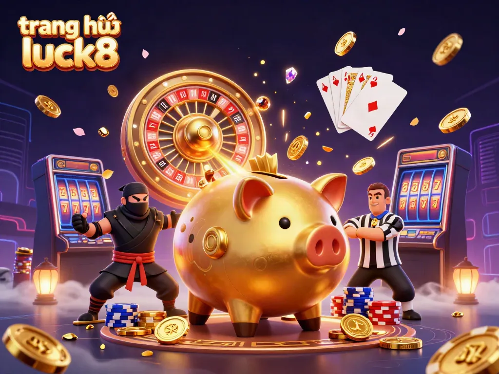 Experience the excitement of winning with trang chủ luck8 as characters dance amidst dazzling coins and gems.