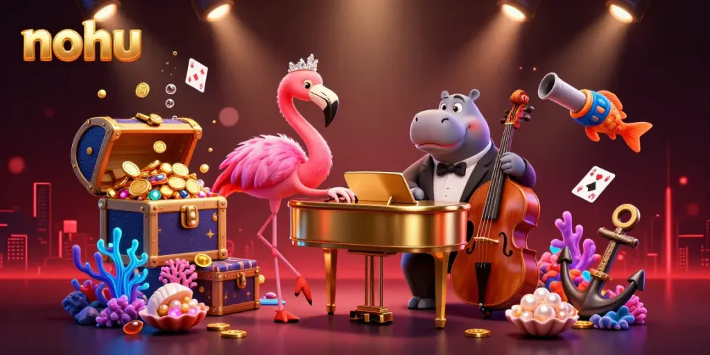 Catch the vibrant nohu casino atmosphere with a lively flamingo singer and hippo bassist performing in a rich gaming scene.