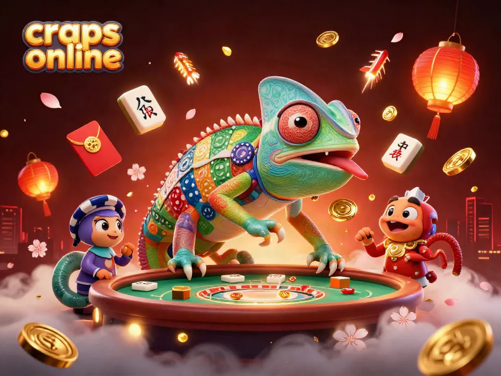 Craps online scene with a colorful chameleon casino owner and festive decorations capturing the excitement of gambling.
