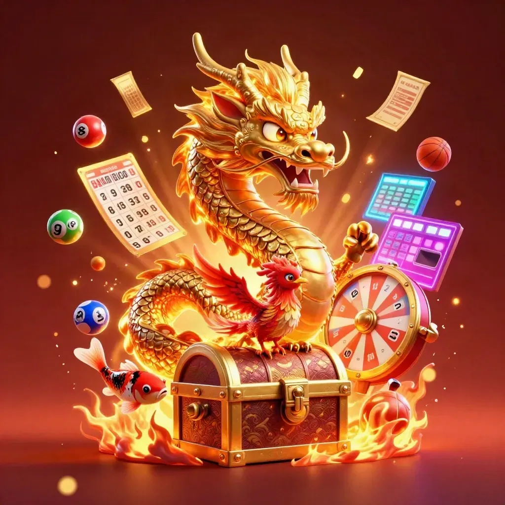 Golden dragon with phoenix and koi amid casino prizes, neon-lit on a dark ember glow.