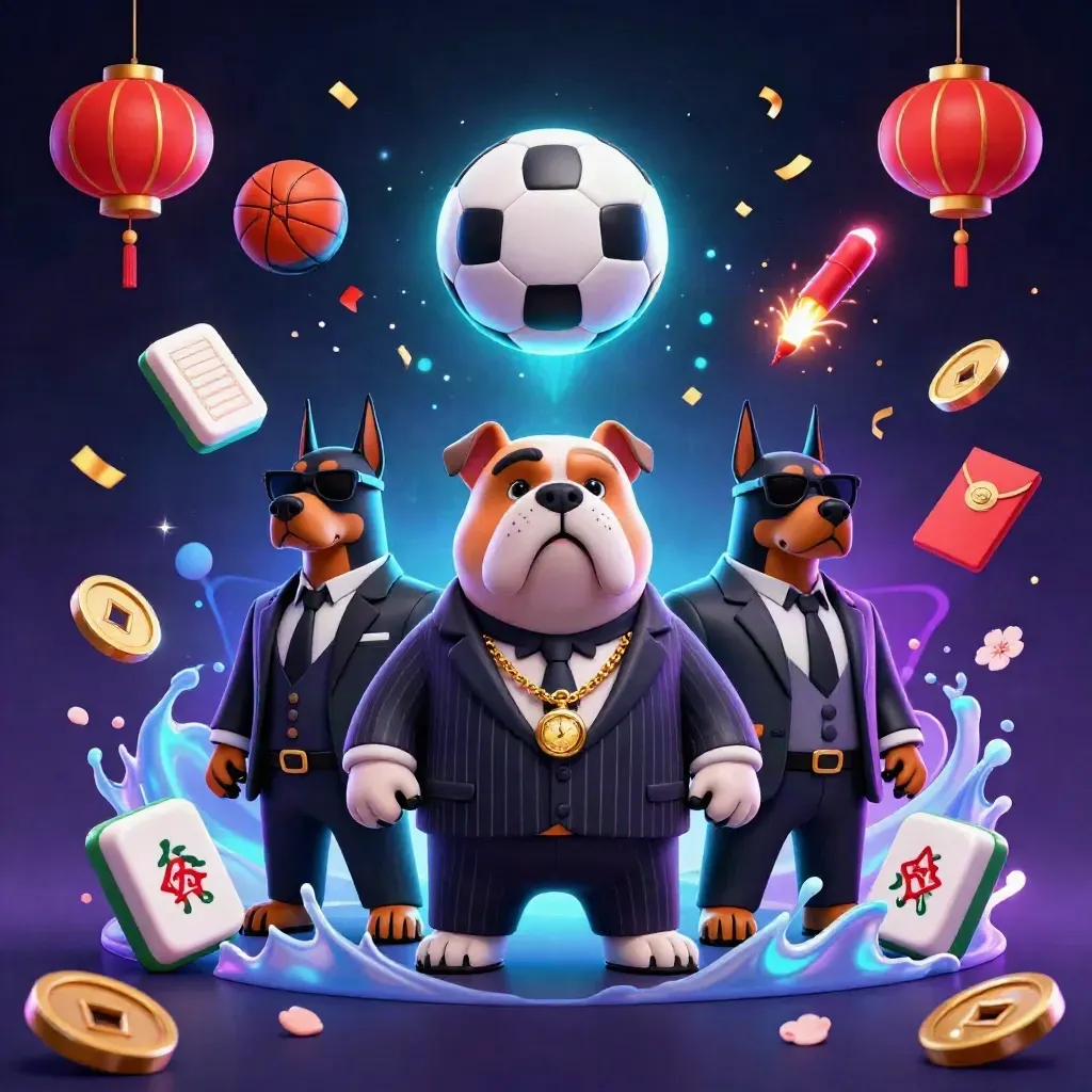 Cartoon bulldog boss and Doberman bodyguards surround a frozen soccer ball in neon casino chaos