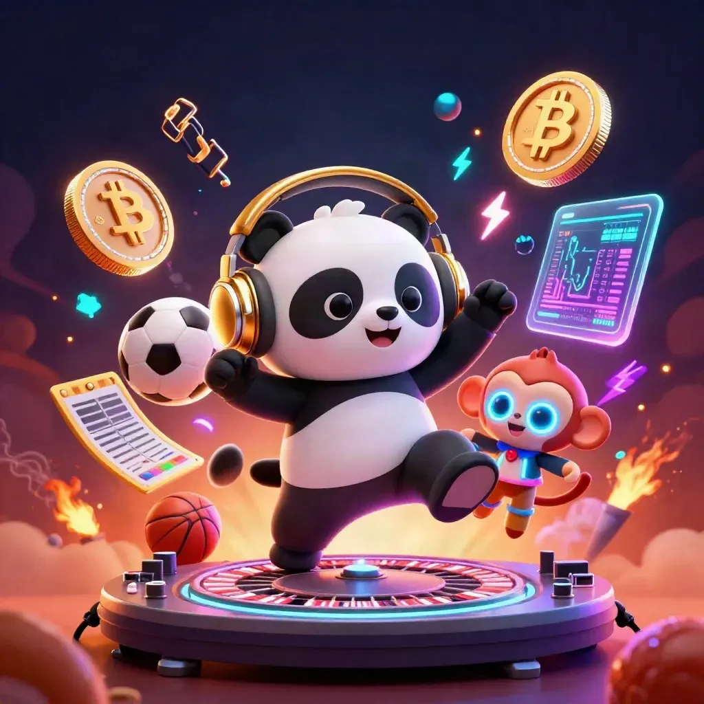 3D panda DJ, dancing monkey and glow-stick kitten amid neon coins, lightning and ember glow
