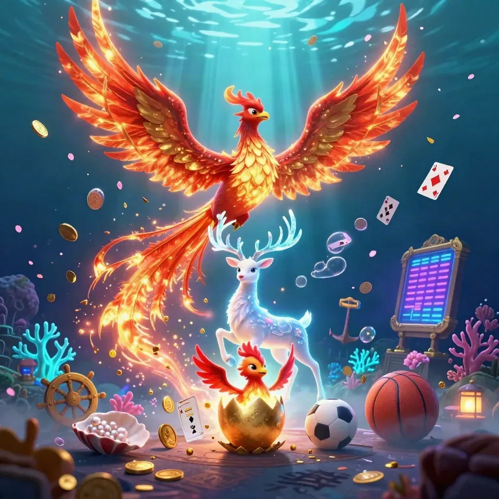 Phoenix, baby phoenix, and crystal stag in a neon underwater treasure cove with sports props.