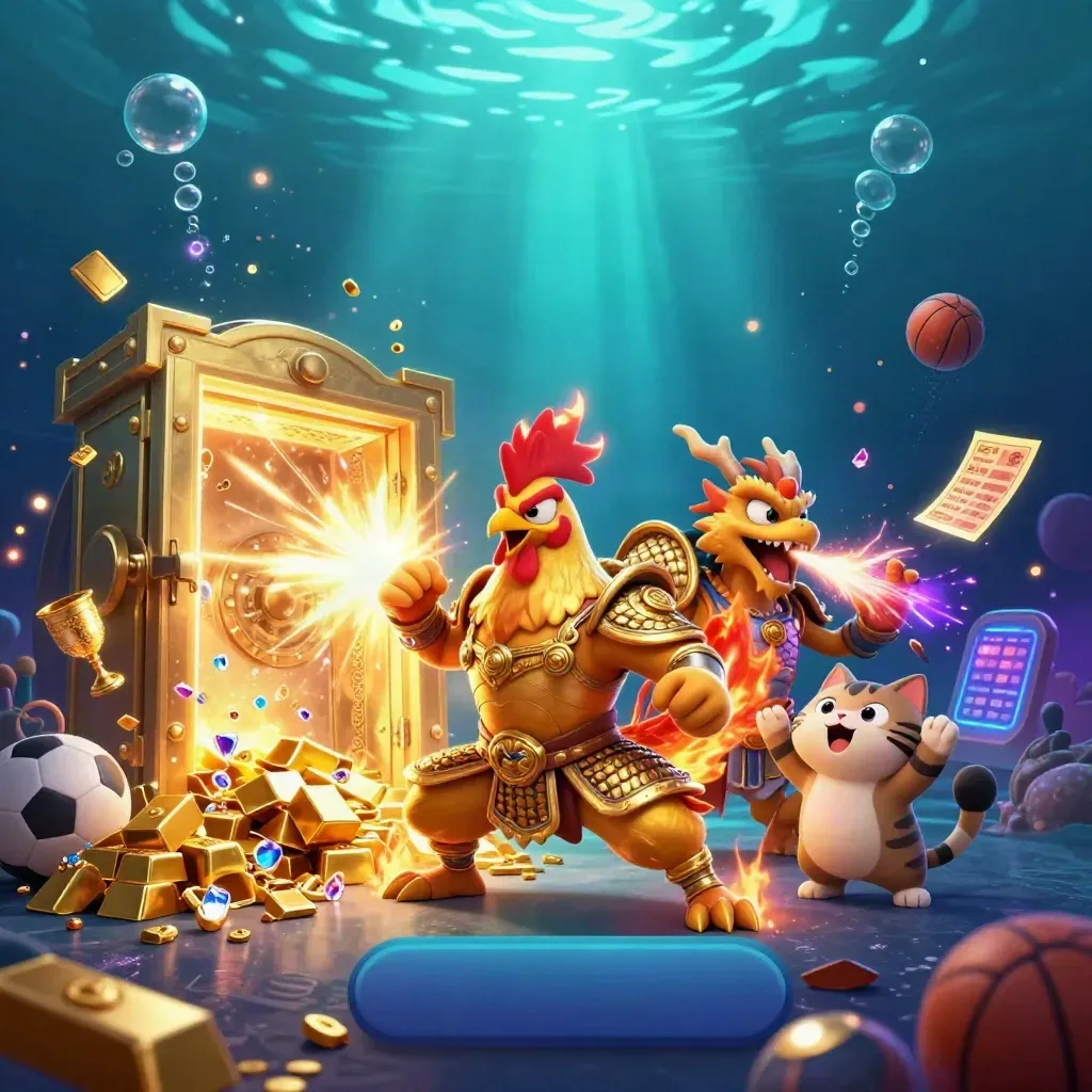Rooster warrior, dragon hatchling, and fortune-cat amid exploding treasure and neon underwater light.