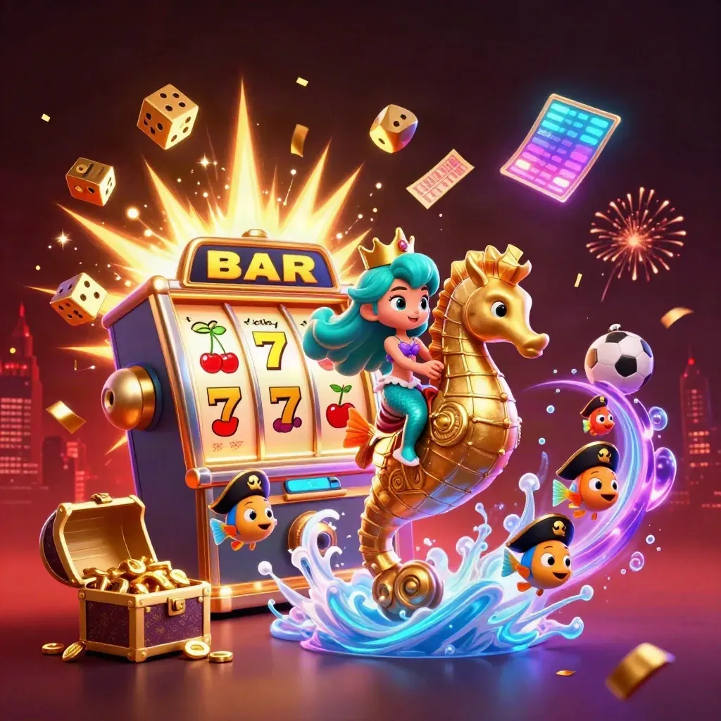 Mermaid princess on armored seahorse amid exploding slot symbols, gold, and casino light
