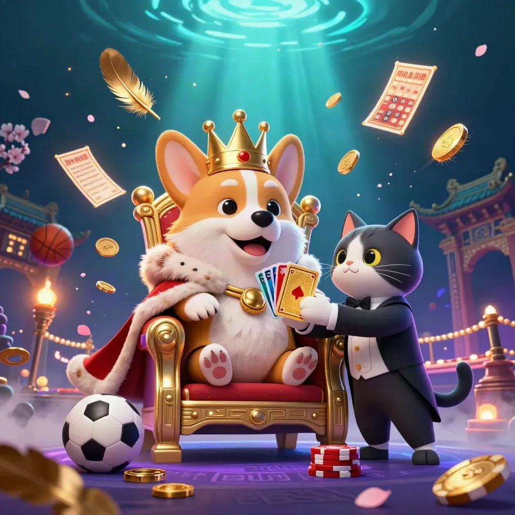 Royal corgi on chip throne with cat butler, coins, balls, ring, gate, petals, fog, and glowing lights.