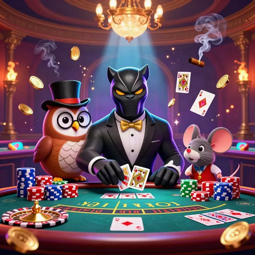 Panther, owl, and mouse in a luxe casino scene with coins, chips, cards, and glowing lights.