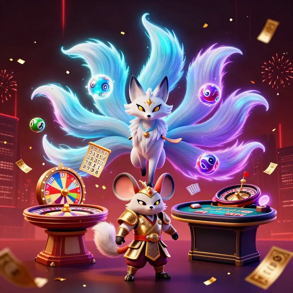 Neon fox spirit and armored mouse amid casino wheels, glowing cards, fireworks, and gold confetti.