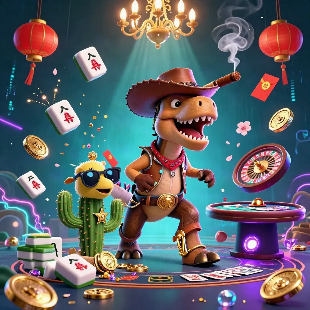 Cowboy T-Rex, cactus, and roadrunner in a neon casino with lanterns, jade coins, and a chandelier