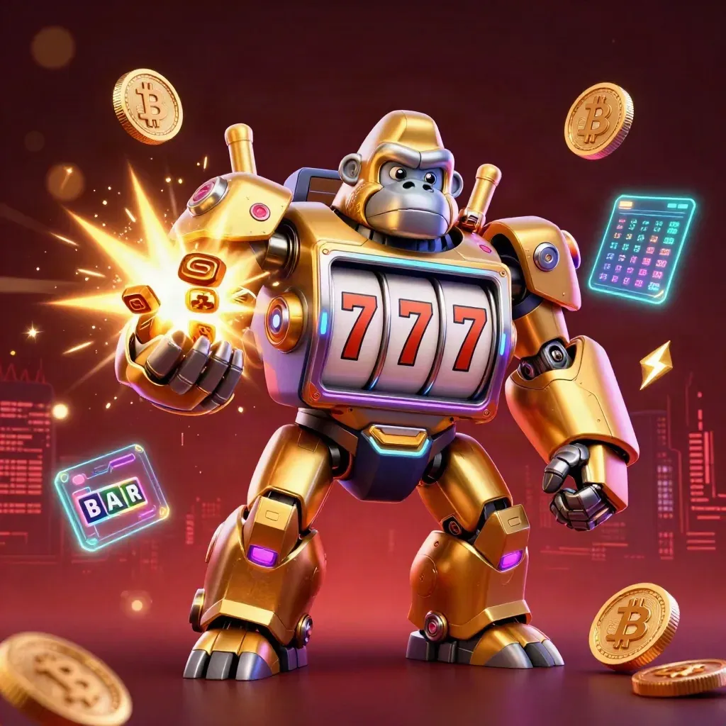Golden gorilla mech and tiny monkey pilot with neon coins and sparks in dark casino glow.