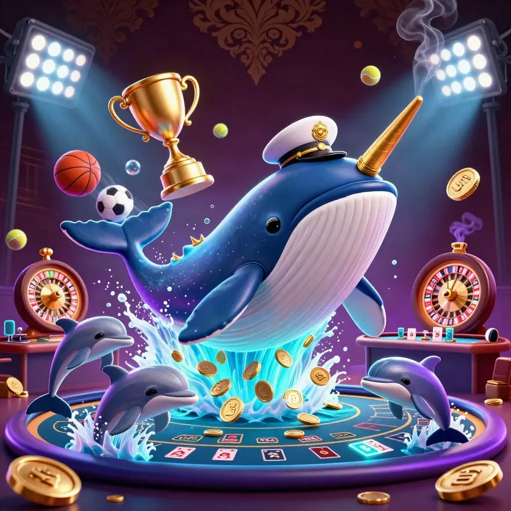 Whale captain, narwhal, and dolphins in a neon casino sea of coins under chandeliers