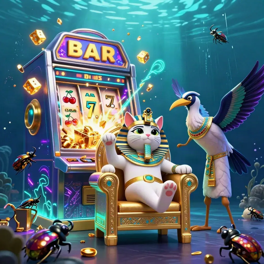 Pharaoh cat, ibis scribe, and gem-winged scarabs amid a jackpot burst and glowing treasure.