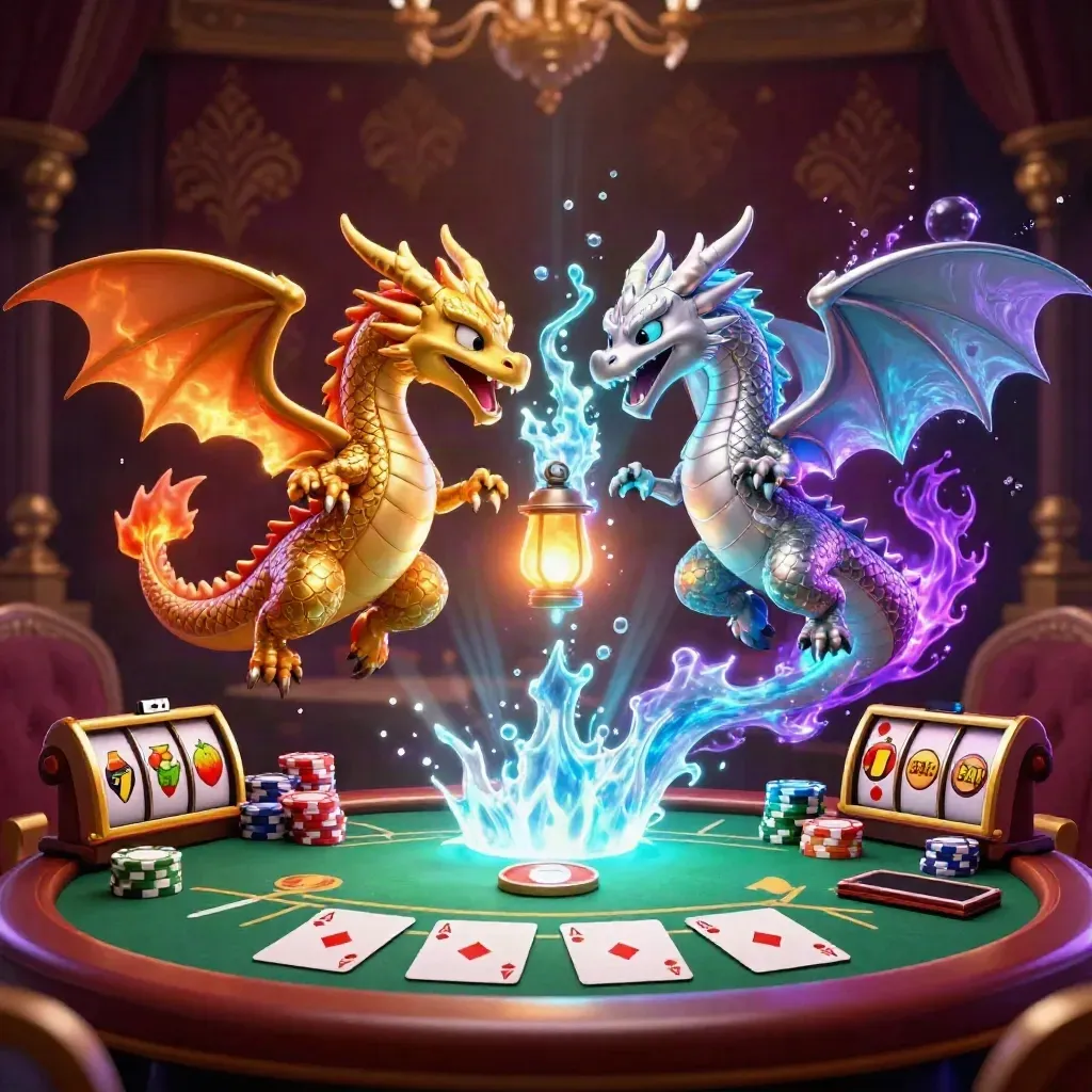 Twin gold and silver dragons in yin-yang fire and ice, with poker chips, cards, and neon casino effects