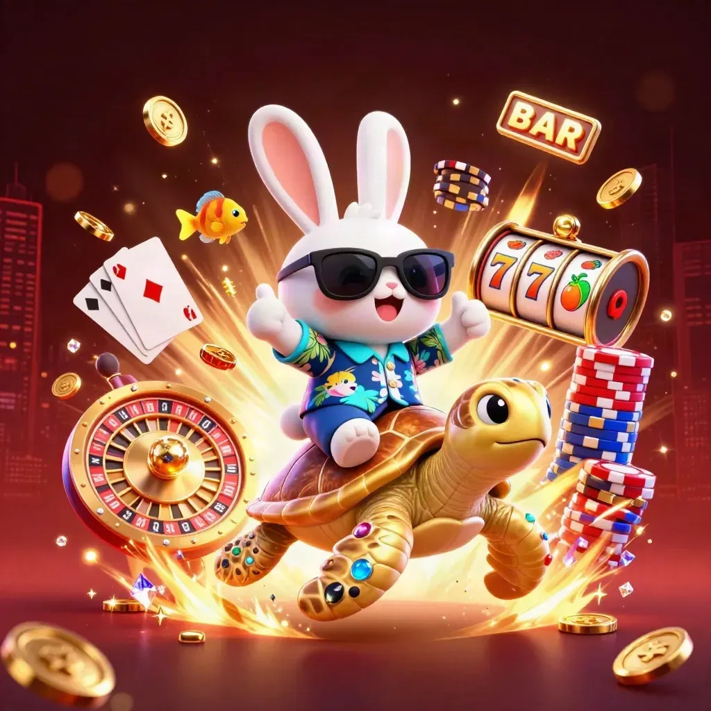 Lucky rabbit rides a jeweled turtle amid coins, gems, cards, chips, reels, and neon casino energy.