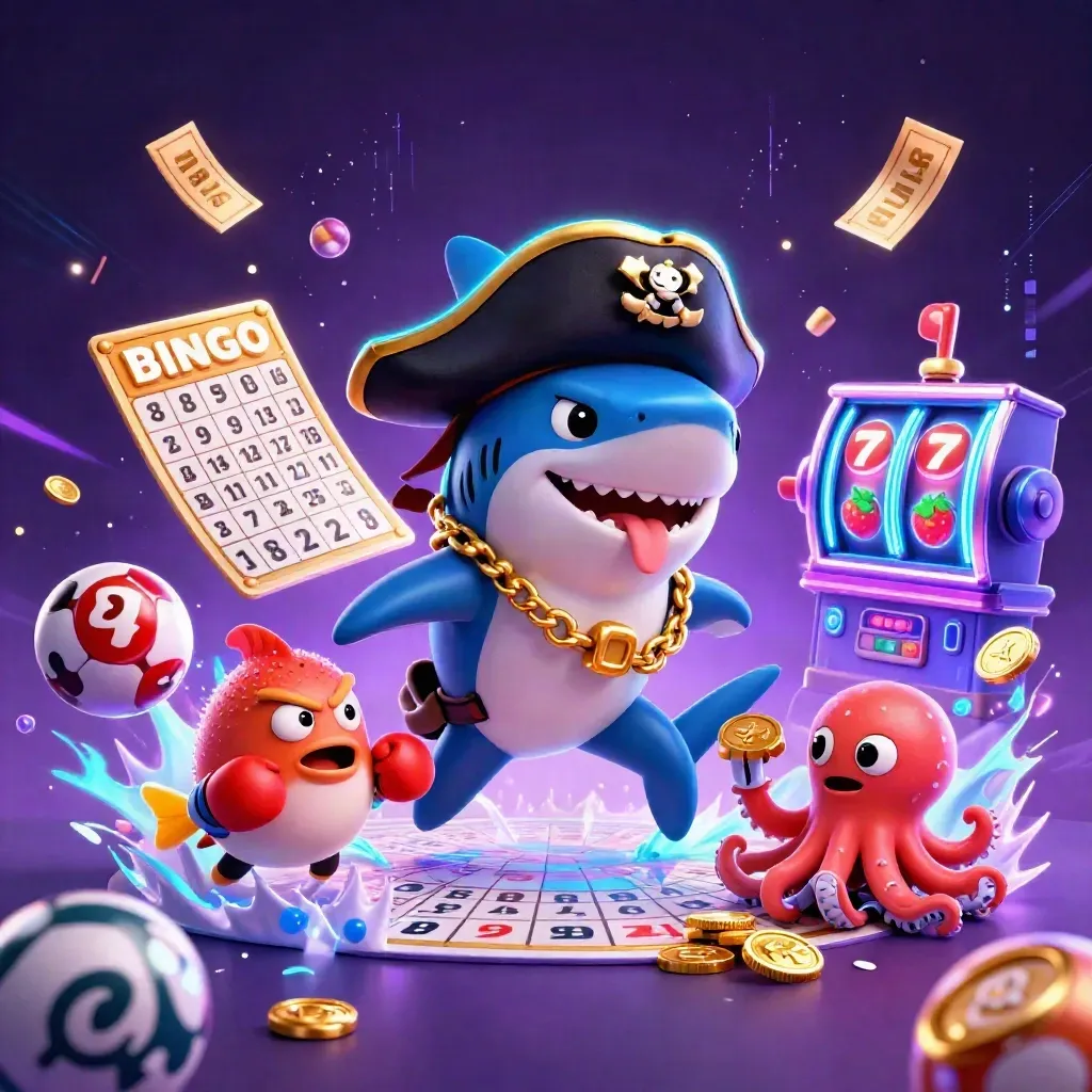 Pirate shark, boxing pufferfish and coin-juggling octopus amid neon casino bursts.