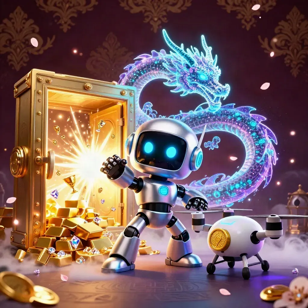 Cyberpunk robot, holographic dragon and coin drone burst from a vault amid gold and gems.