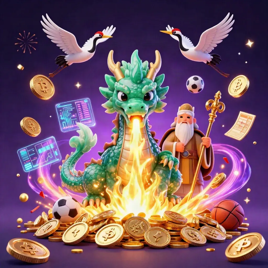 Emerald dragon, turtle sage and cranes amid coins, charts, lightning and fireworks.