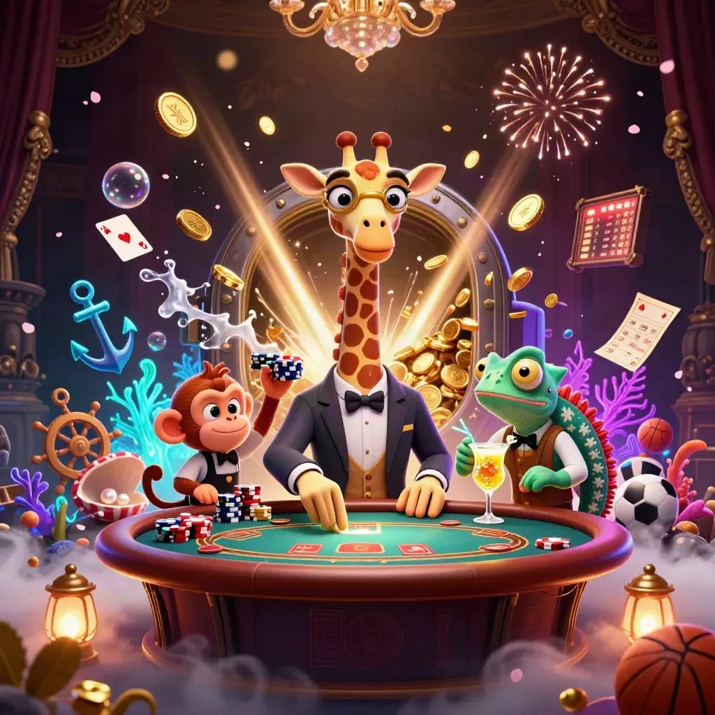 Giraffe high roller, monkey valet, chameleon bartender amid coins, coral, fireworks, and treasure cove chaos.
