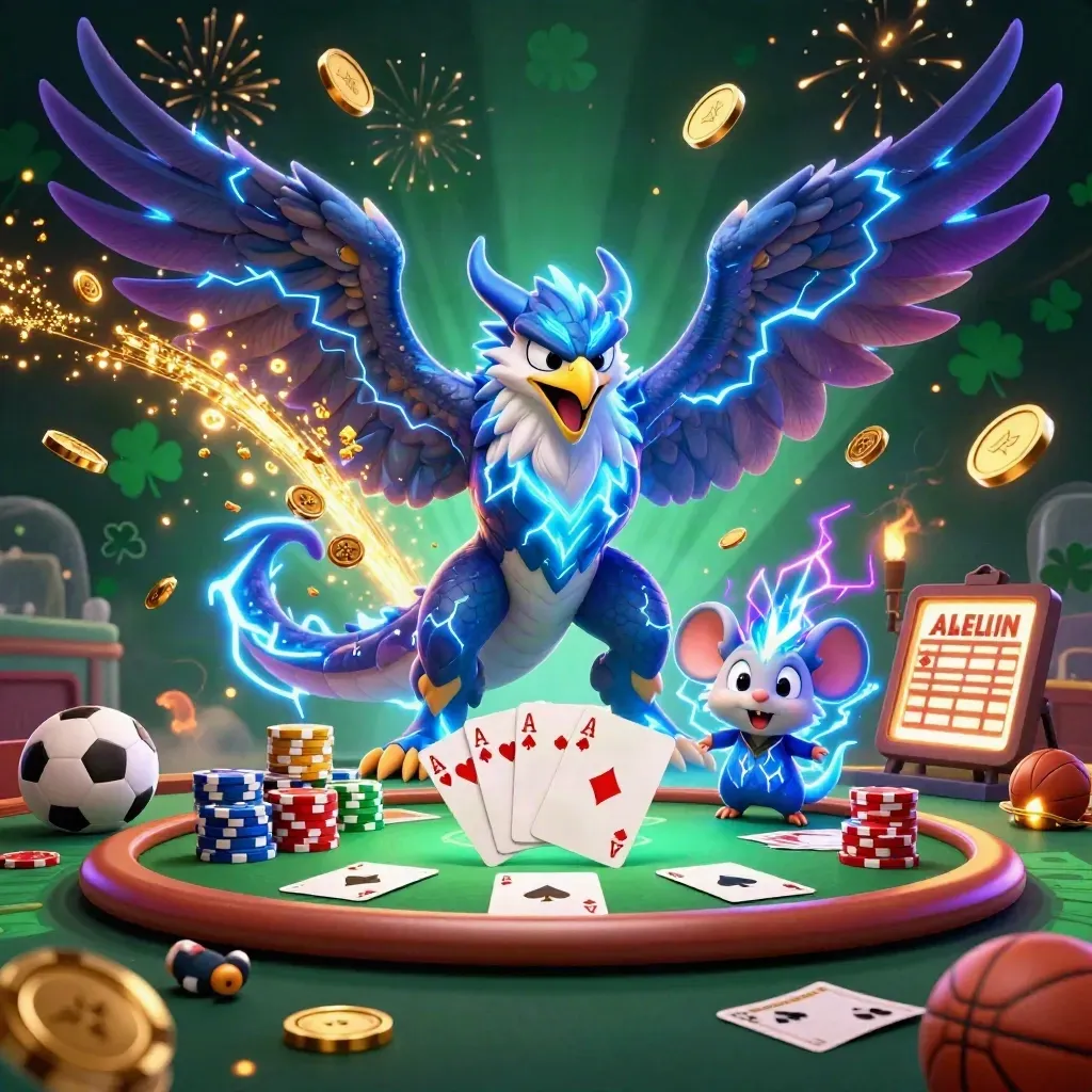 Thunder dragon, wind hawk, and mouse amid coins, cards, chips, and fireworks in a casino vault burst.
