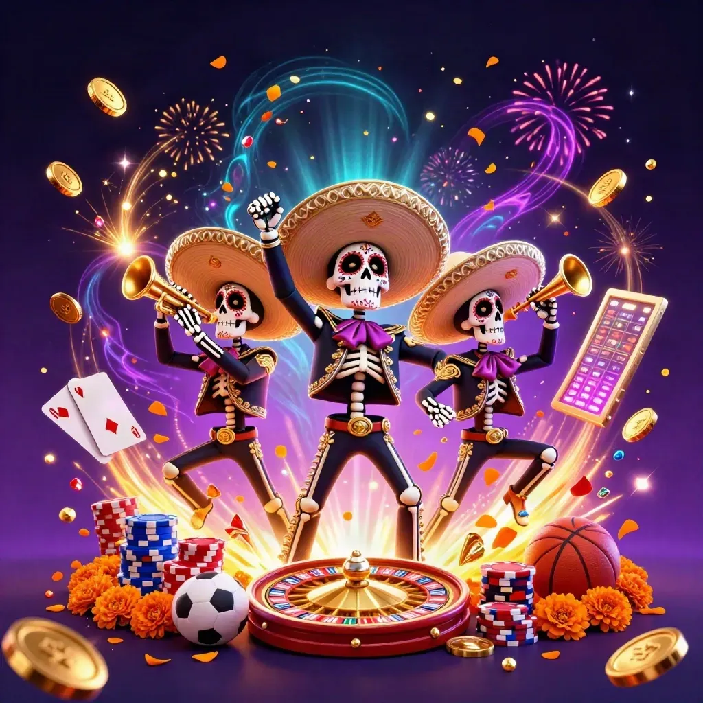 Three skeleton mariachi heroes burst through coins, cards, chips and fireworks in neon casino style.