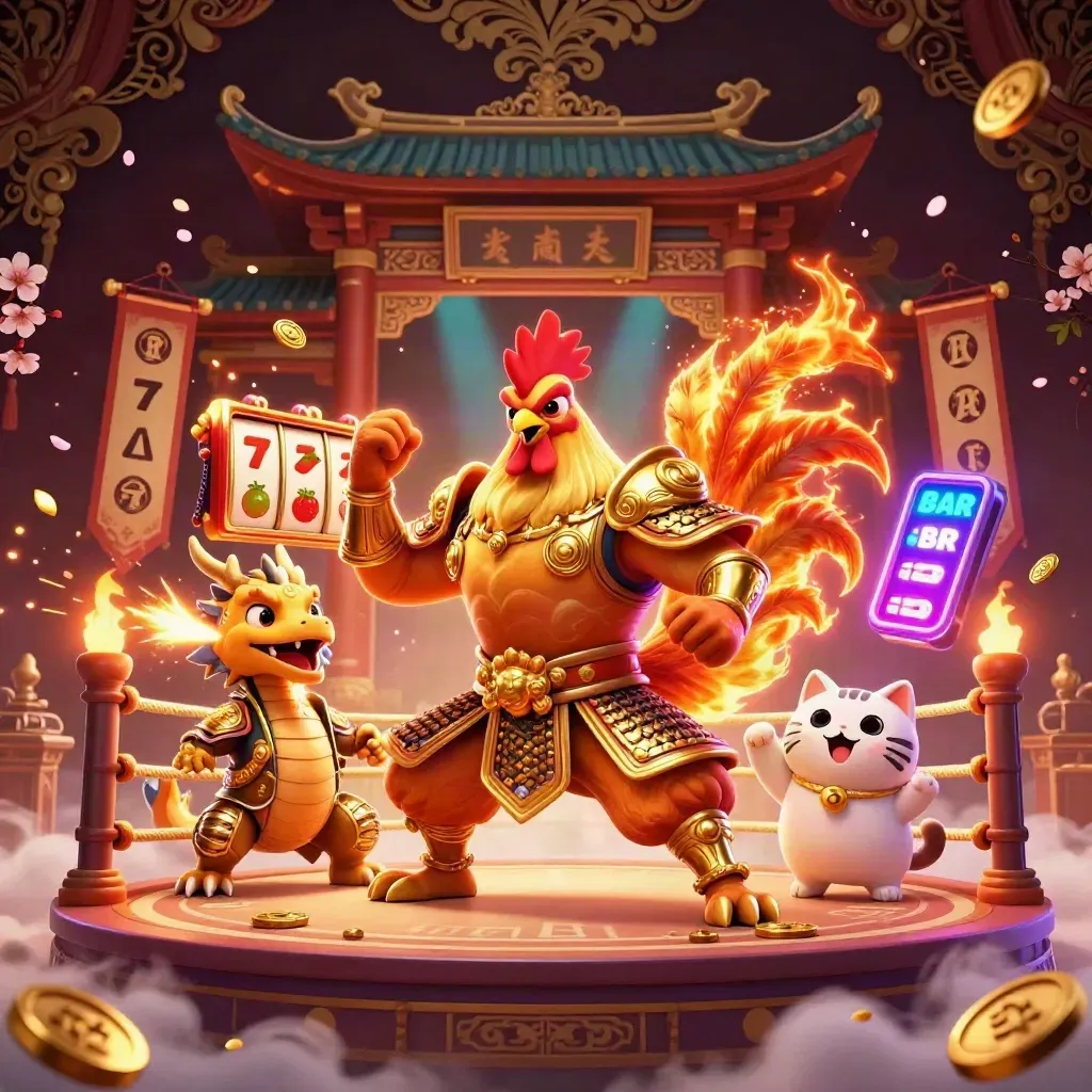 Rooster warrior, spark-breathing dragon hatchling, and cheering fortune-cat in a casino fantasy scene.