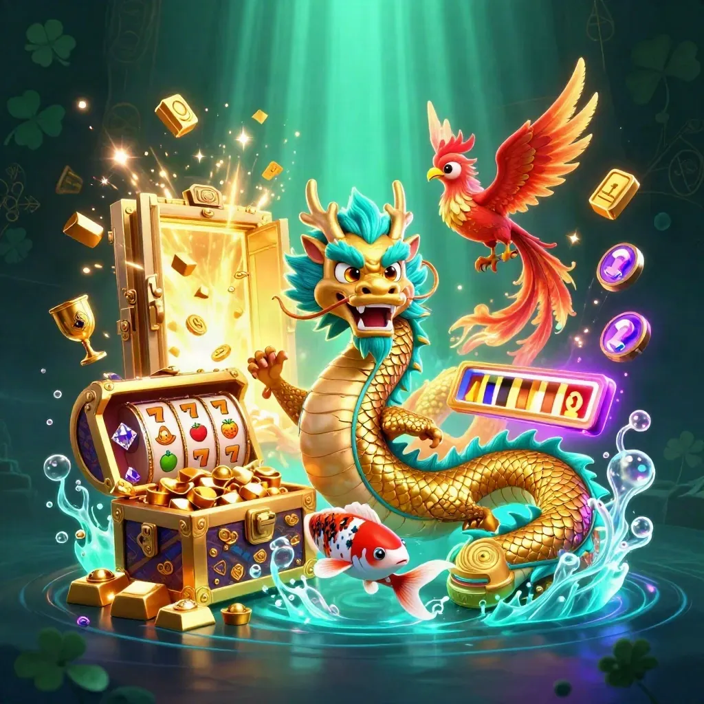 Golden dragon, phoenix, koi, vault door, loot bursts, neon casino fantasy icon