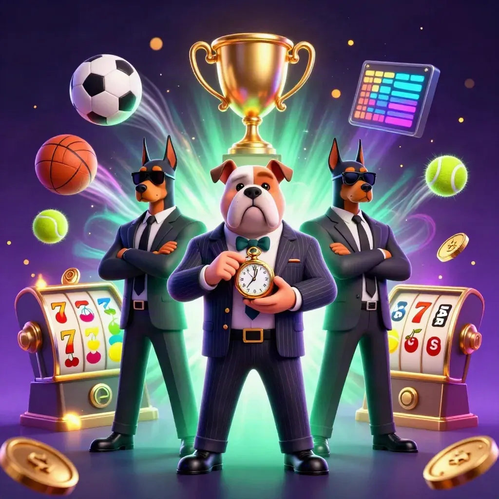 Bulldog boss and two Dobermans amid casino sports chaos, trophies, coins, and glowing effects.