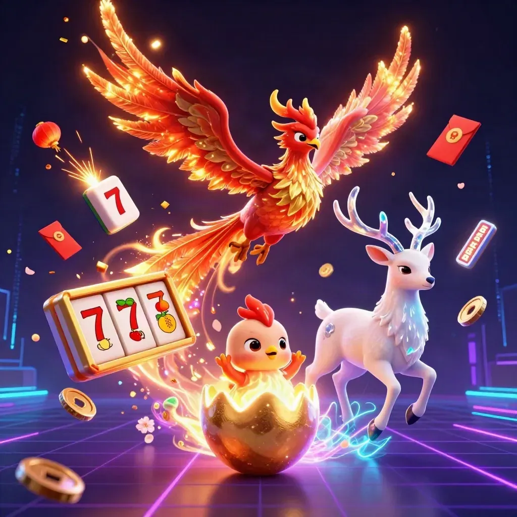 Phoenix, baby phoenix, and crystalline stag amid casino symbols on a dark neon esports backdrop.