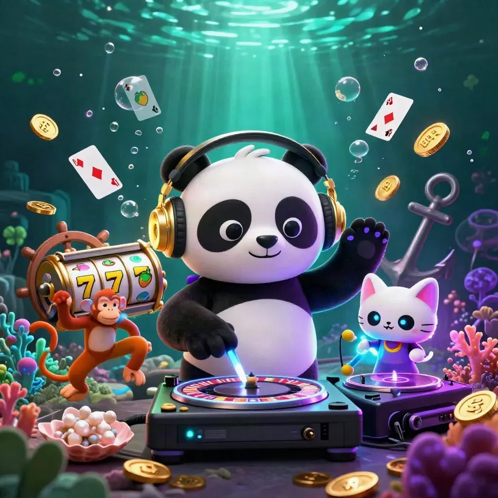 Panda DJ, breakdancing monkey, and glow-stick kitten in a treasure cove casino splash.