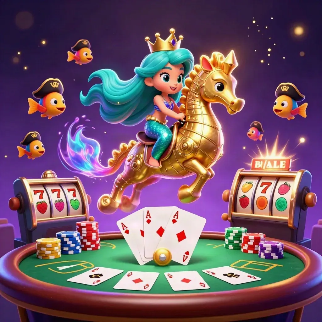 Mermaid princess rides armored seahorse amid poker chips, cards, reels, and glowing sea magic.